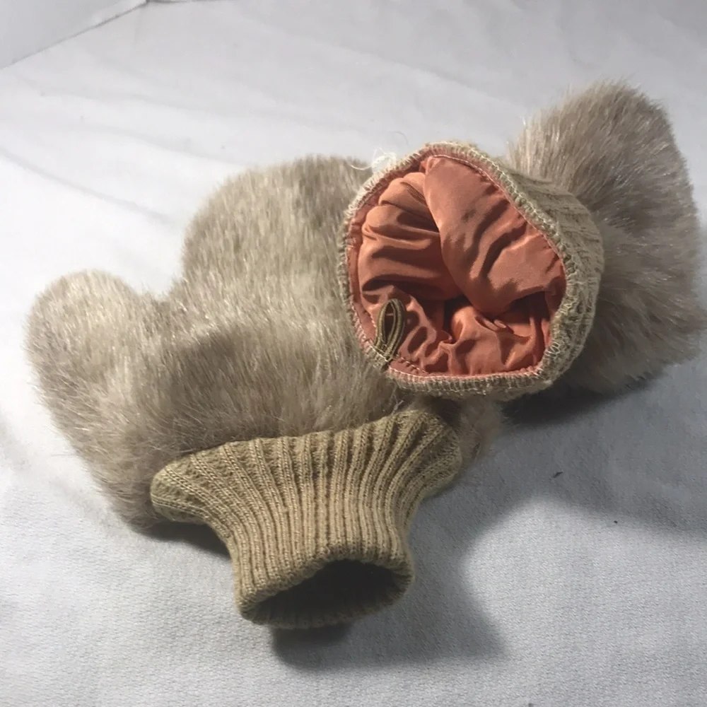 Vintage Unisex Beige Faux Fur Mittens with Ribbed Cuffs & Water-resistant Lining